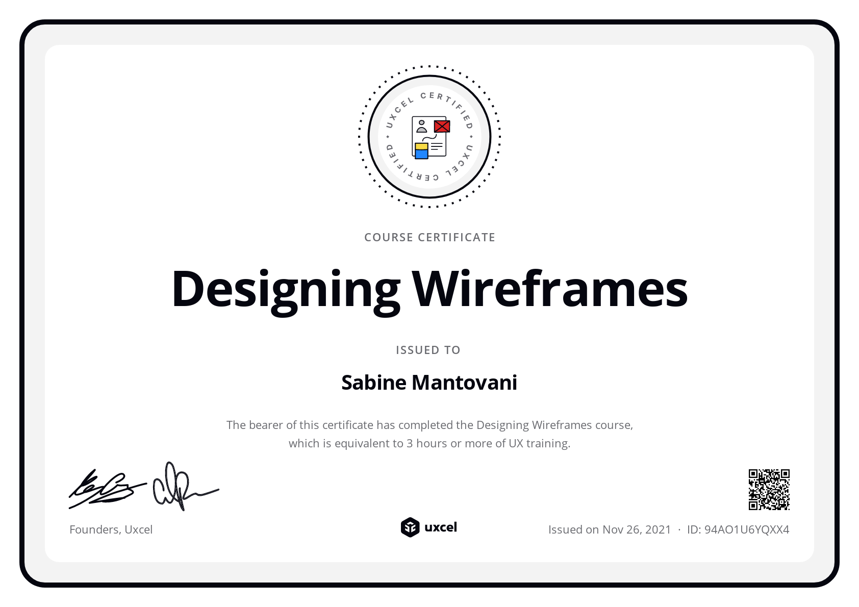 Sabine Mantovani's certificate